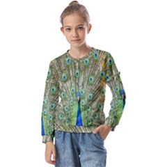 Peacock,army 1 Kids  Long Sleeve T-shirt With Frill 