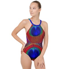 Peacock-feathers,blue 1 High Neck One Piece Swimsuit by nateshop