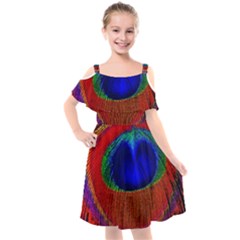 Peacock-feathers,blue 1 Kids  Cut Out Shoulders Chiffon Dress by nateshop