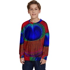 Peacock-feathers,blue 1 Kids  Crewneck Sweatshirt by nateshop