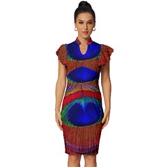 Peacock-feathers,blue 1 Vintage Frill Sleeve V-neck Bodycon Dress by nateshop