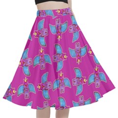 Winged Mutant Sketchy Cartoon Drawing Motif Pattern A-line Full Circle Midi Skirt With Pocket by dflcprintsclothing