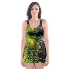 Machine Technology Circuit Electronic Computer Technics Detail Psychedelic Abstract Pattern Skater Dress Swimsuit by Sarkoni