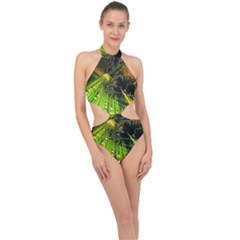 Machine Technology Circuit Electronic Computer Technics Detail Psychedelic Abstract Pattern Halter Side Cut Swimsuit by Sarkoni