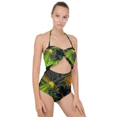 Machine Technology Circuit Electronic Computer Technics Detail Psychedelic Abstract Pattern Scallop Top Cut Out Swimsuit by Sarkoni