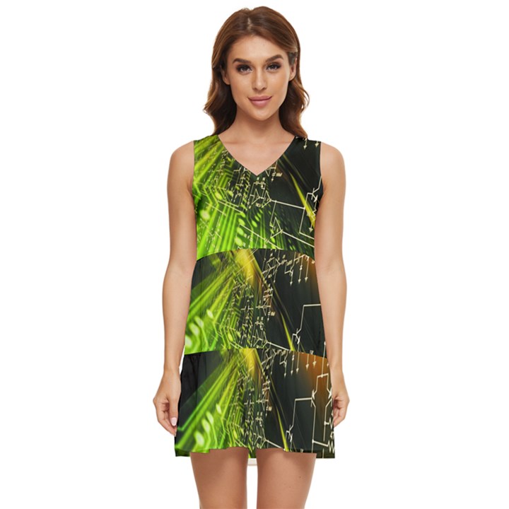 Machine Technology Circuit Electronic Computer Technics Detail Psychedelic Abstract Pattern Tiered Sleeveless Mini Dress