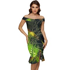 Machine Technology Circuit Electronic Computer Technics Detail Psychedelic Abstract Pattern Off Shoulder Ruffle Split Hem Bodycon Dress by Sarkoni