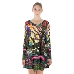 Psychedelic Funky Trippy Long Sleeve Velvet V-neck Dress by Sarkoni