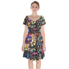 Psychedelic Funky Trippy Short Sleeve Bardot Dress by Sarkoni