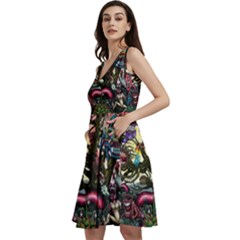 Psychedelic Funky Trippy Sleeveless V-neck Skater Dress With Pockets by Sarkoni