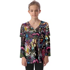 Psychedelic Funky Trippy Kids  V Neck Casual Top by Sarkoni