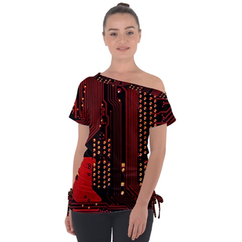 Technology Computer Circuit Off Shoulder Tie-up T-shirt by Sarkoni