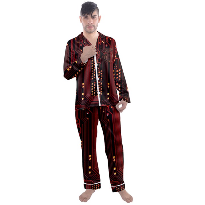 Technology Computer Circuit Men s Long Sleeve Satin Pajamas Set