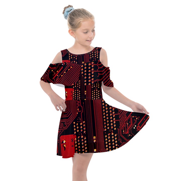 Technology Computer Circuit Kids  Shoulder Cutout Chiffon Dress