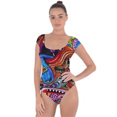 Psychedelic Trippy Hippie  Weird Art Short Sleeve Leotard  by Sarkoni