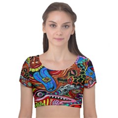 Psychedelic Trippy Hippie  Weird Art Velvet Short Sleeve Crop Top  by Sarkoni