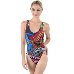 Psychedelic Trippy Hippie  Weird Art High Leg Strappy Swimsuit by Sarkoni