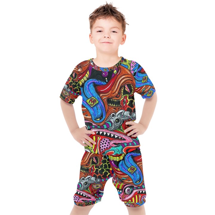 Psychedelic Trippy Hippie  Weird Art Kids  T-Shirt and Shorts Set