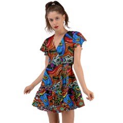 Psychedelic Trippy Hippie  Weird Art Flutter Sleeve Wrap Dress by Sarkoni