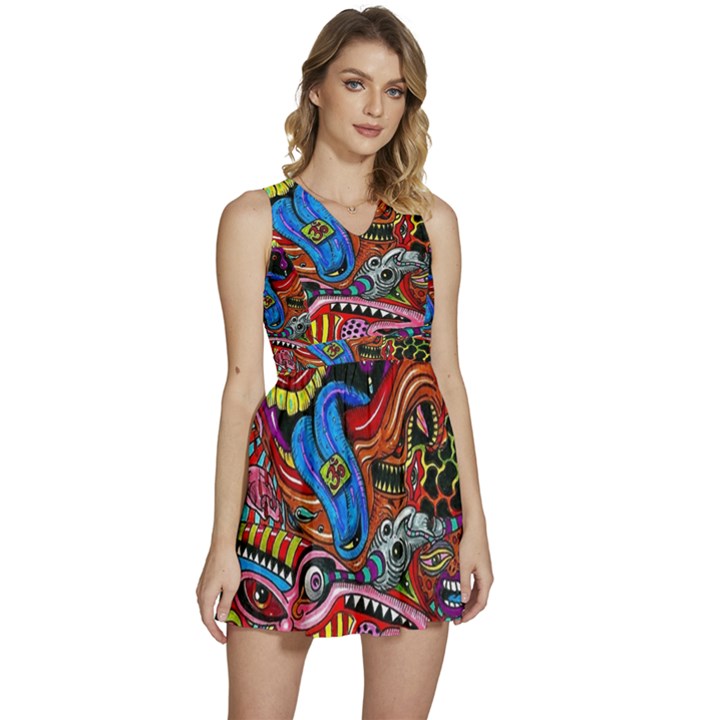 Psychedelic Trippy Hippie  Weird Art Sleeveless High Waist Mini Dress