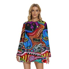 Psychedelic Trippy Hippie  Weird Art Round Neck Long Sleeve Bohemian Style Chiffon Mini Dress by Sarkoni