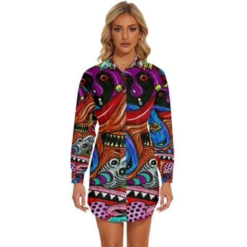 Psychedelic Trippy Hippie  Weird Art Womens Long Sleeve Shirt Dress by Sarkoni