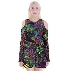 Trippy Dark Psychedelic Velvet Long Sleeve Shoulder Cutout Dress