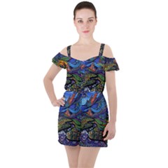 Psychedelic Landscape Ruffle Cut Out Chiffon Playsuit by Sarkoni