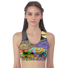 Nature Moon Psychedelic Painting Fitness Sports Bra by Sarkoni