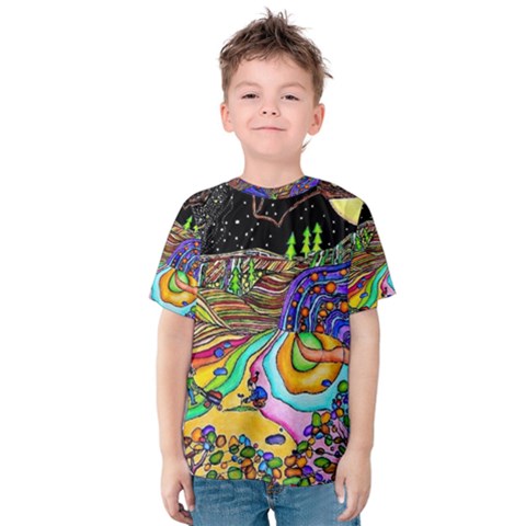 Nature Moon Psychedelic Painting Kids  Cotton T-shirt by Sarkoni