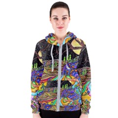 Nature Moon Psychedelic Painting Women s Zipper Hoodie by Sarkoni