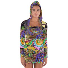 Nature Moon Psychedelic Painting Long Sleeve Hooded T-shirt by Sarkoni