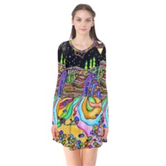 Nature Moon Psychedelic Painting Long Sleeve V-neck Flare Dress by Sarkoni