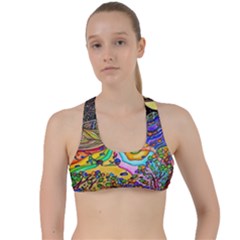 Nature Moon Psychedelic Painting Criss Cross Racerback Sports Bra by Sarkoni