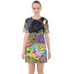 Nature Moon Psychedelic Painting Sixties Short Sleeve Mini Dress by Sarkoni