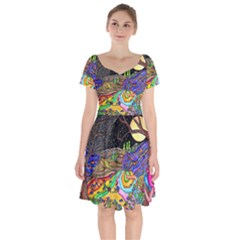 Nature Moon Psychedelic Painting Short Sleeve Bardot Dress by Sarkoni