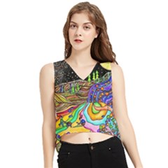 Nature Moon Psychedelic Painting V-neck Cropped Tank Top by Sarkoni