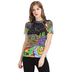 Nature Moon Psychedelic Painting Women s Short Sleeve Rash Guard by Sarkoni