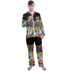 Nature Moon Psychedelic Painting Men s Long Sleeve Satin Pajamas Set by Sarkoni