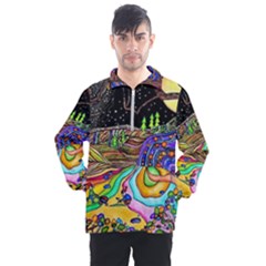 Nature Moon Psychedelic Painting Men s Half Zip Pullover by Sarkoni