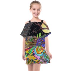 Nature Moon Psychedelic Painting Kids  One Piece Chiffon Dress by Sarkoni