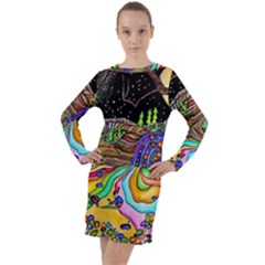 Nature Moon Psychedelic Painting Long Sleeve Hoodie Dress by Sarkoni