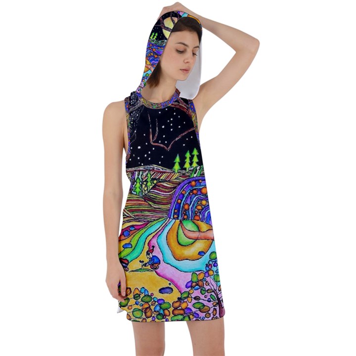 Nature Moon Psychedelic Painting Racer Back Hoodie Dress