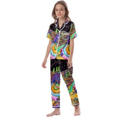 Nature Moon Psychedelic Painting Kids  Satin Short Sleeve Pajamas Set by Sarkoni