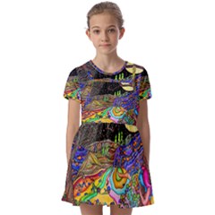 Nature Moon Psychedelic Painting Kids  Short Sleeve Pinafore Style Dress by Sarkoni