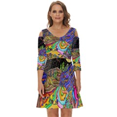 Nature Moon Psychedelic Painting Shoulder Cut Out Zip Up Dress by Sarkoni