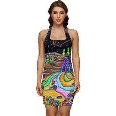 Nature Moon Psychedelic Painting Sleeveless Wide Square Neckline Ruched Bodycon Dress by Sarkoni