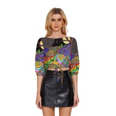 Nature Moon Psychedelic Painting Mid Sleeve Drawstring Hem Top by Sarkoni