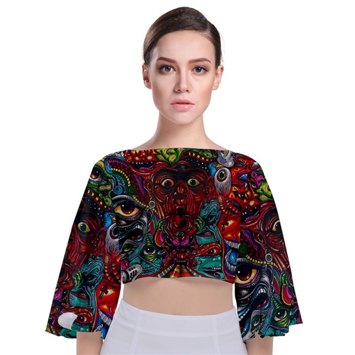 Somewhere Near Oblivion Nightmares Acid Colors Psychedelic Tie Back Butterfly Sleeve Chiffon Top