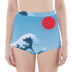 Minimalism Great Wave Off Kanagawa High-waisted Bikini Bottoms by Sarkoni